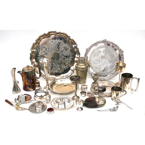 219 - A George III  style silver plated salver, 30cms (12ins) diameter; together with a cocktail shaker, v... 