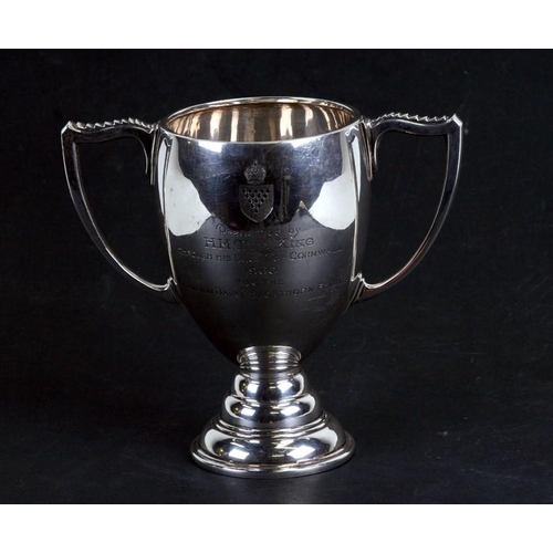 238 - A silver two-handled trophy cup with presentation inscription 'Presented by H M the King Through his... 