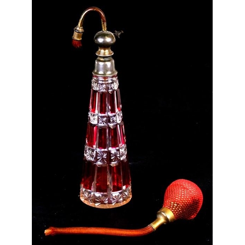 48 - An early 20th century Baccarat cut and flashed glass perfume atomiser, 22cms (8.5ins) high.