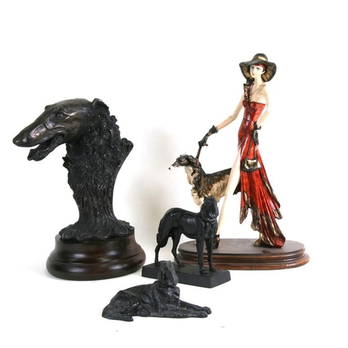 54 - An Art Deco style group depicting a lady walking a Borzoi, 44cms (17.25ins) high; together with a li... 