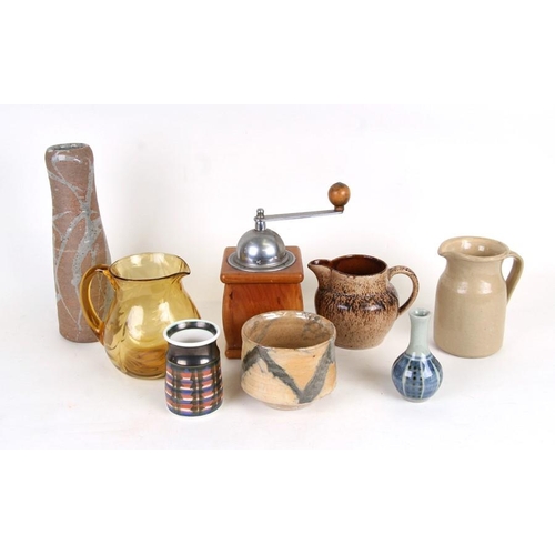 72 - A quantity of Studio pottery to include Rye; together with a coffee grinder and an amber glass jug (... 