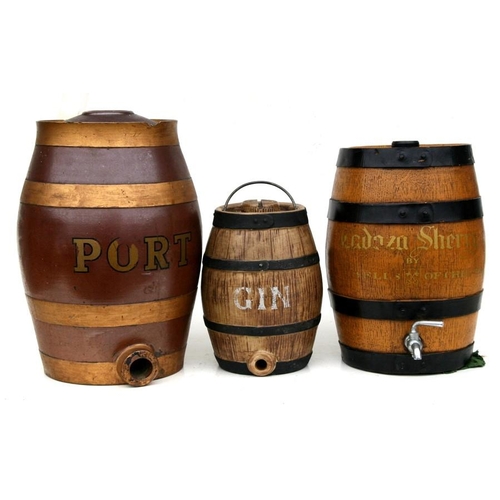 91 - Three pottery barrels - Port, Gin and Sherry, the largest 40cms (15.75ins) high (3).