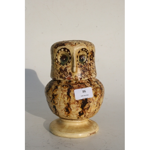 86 - A Slipware Pottery Owl in the 17th Century Style decorated with marbled glaze, the owl's head formin... 