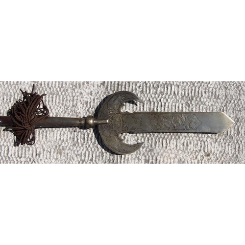 120 - A 15th century style Italian pole arm (pike) with engraved steel head on a knopped wooden shaft, 292... 
