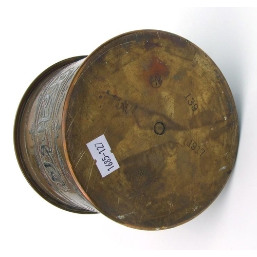 67 - A WWI trench art shell case converted to a tobacco jar with damascene decoration, 12cms diameter.
