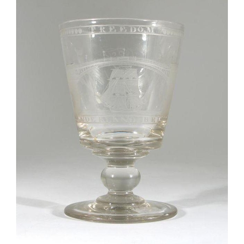 104 - An 18th century  glass rummer, the bucket-shaped bowl engraved with a ship sailing beneath Sunderlan... 