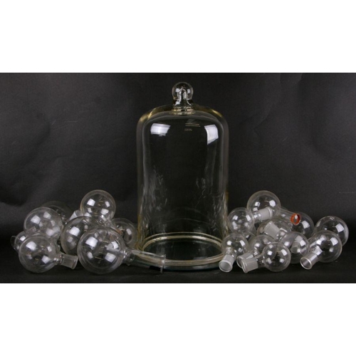 105 - A glass bell jar and stand; together with a collection of scientific glassware; a jug & bowl set; tw... 