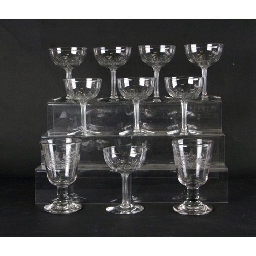 109 - Eight 19th century cut glass hollow stem champagne glasses; together with a pair of etched rummers (... 