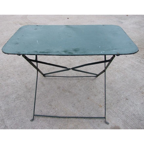 12 - A painted metal folding garden table, 100cms wide; together with two deck chairs; a folding teak occ... 