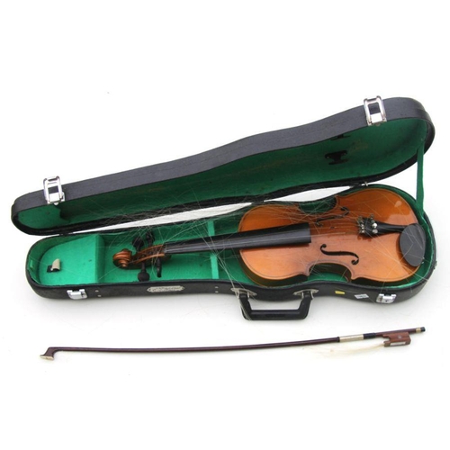 167 - A Stentor student violin, cased, with bow; together with another similar, overall 52cms long, cased,... 