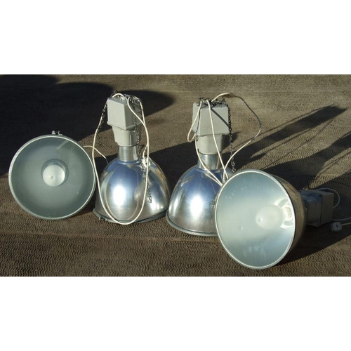 196 - A set of four Thorlux metal industrial style pendant ceiling lights with glass shades, Cat. No. WW75... 