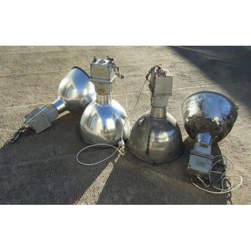 197 - A set of four Thorlux metal industrial style pendant ceiling lights with glass shades, Cat. No. WW75... 