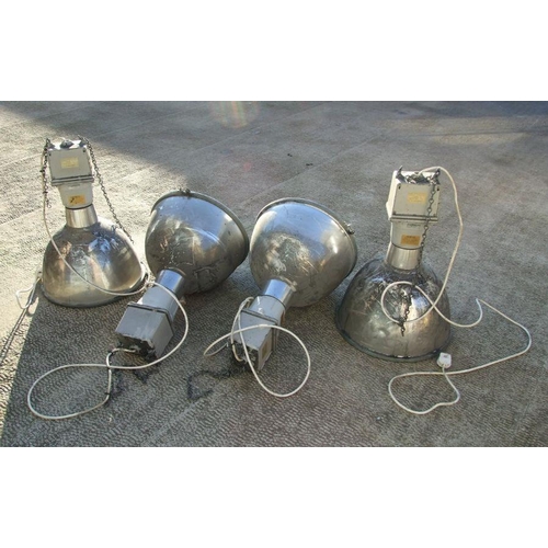 199 - A set of four Thorlux metal industrial style pendant ceiling lights with glass shades, Cat. No. WW75... 