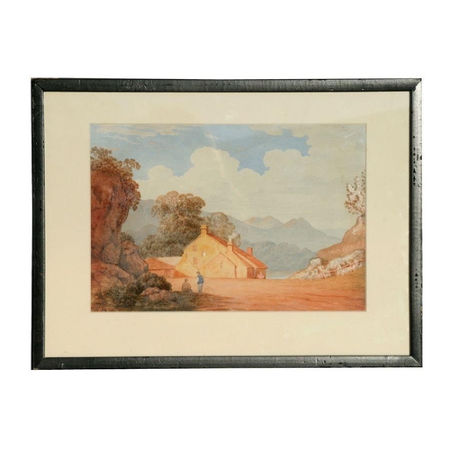 294 - H E Herring - A South Wales Landscape with Cottage and Figures - watercolour heightened with body co... 