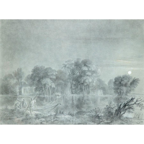 357 - Circle of Richard Wilson,  Nocturnal scene with figures by a lake,  Pencil and charcoal heightened w... 