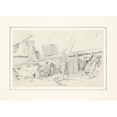 361 - Follower of William Henry Hunt. Study of a port with ship building. pencil 21 by 13cm Unframed Prove... 