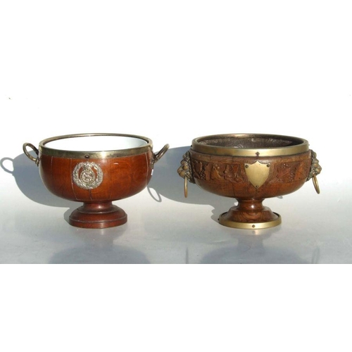 37 - An oak pedestal bowl with silver plated mounts and South African Gold Coast Police shield, 24cms dia... 