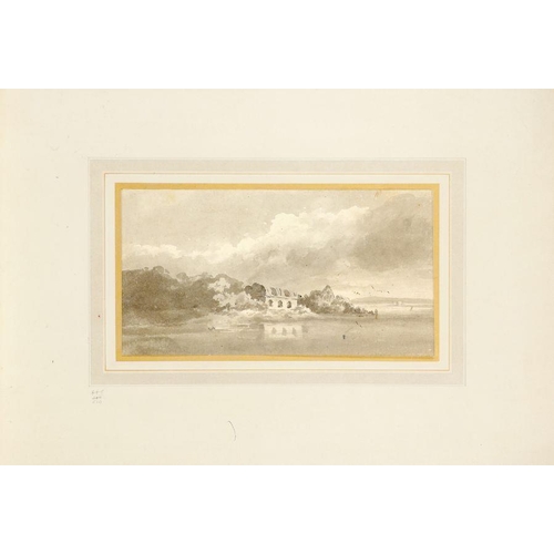 380 - Paul Sandby Munn (1773-1845) Landscape with a castle by a lake Pencil and grey wash 30 by 16.5cm Unf... 