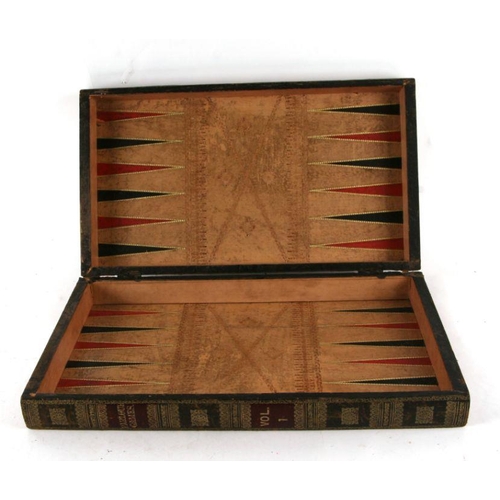 474 - A tooled leather chess and backgammon board in the form of a pair of books titled 'Parlour Games Vol... 