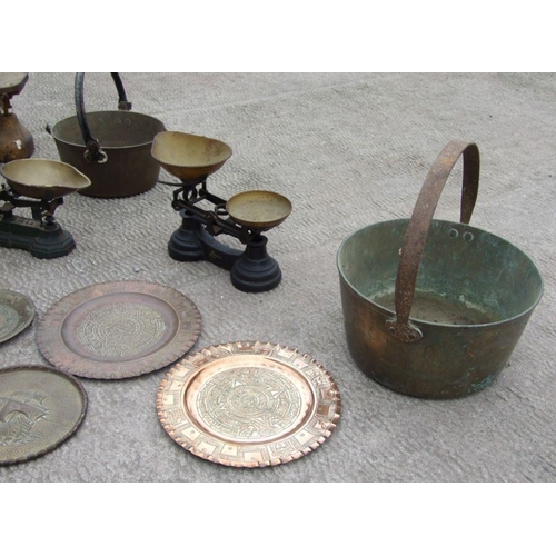 519 - Three cast iron and brass kitchen scales; together with two large brass preserve pans and other item... 