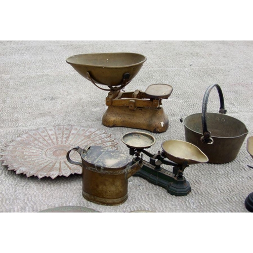 519 - Three cast iron and brass kitchen scales; together with two large brass preserve pans and other item... 