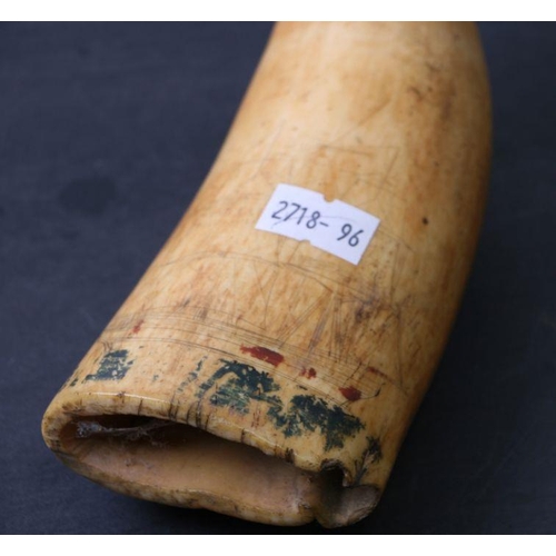 547 - A 19th century Scrimshaw decorated with a twin-mast ship with traces of painted decoration, 15cms lo... 