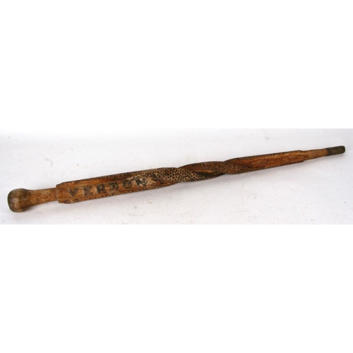 67 - A WW1 trench art walking stick carved with the towns of VERDUN & APREMONT; together with two snakes ... 