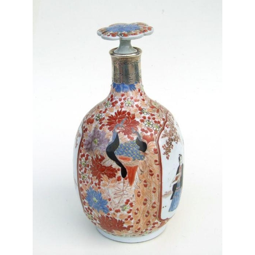 724 - A Japanese wine bottle decorated with figures within panels and flowers with later white metal colla... 