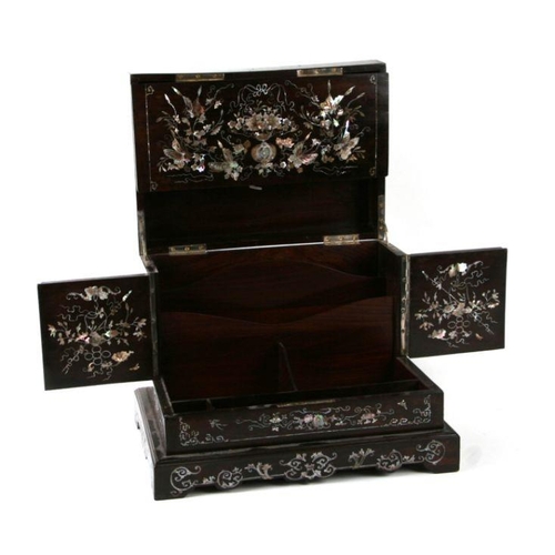 803 - A late 19th century Chinese hardwood & mother of pearl inlaid stationery box, the lift-up lid enclos... 