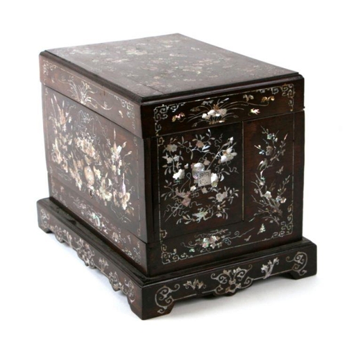 803 - A late 19th century Chinese hardwood & mother of pearl inlaid stationery box, the lift-up lid enclos... 