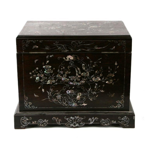 803 - A late 19th century Chinese hardwood & mother of pearl inlaid stationery box, the lift-up lid enclos... 