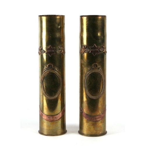 83 - A pair of WWI trench art brass shells inscribed 'Ypres & Verdun', 35cms high (2).