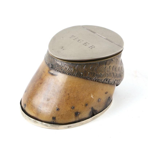 87 - Taxidermy.  A Victorian horse hoof desk top inkwell with silver plated mounts, 'Tiger', presented to... 