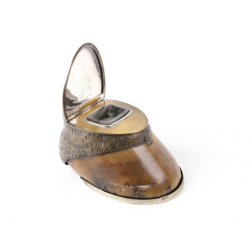 87 - Taxidermy.  A Victorian horse hoof desk top inkwell with silver plated mounts, 'Tiger', presented to... 