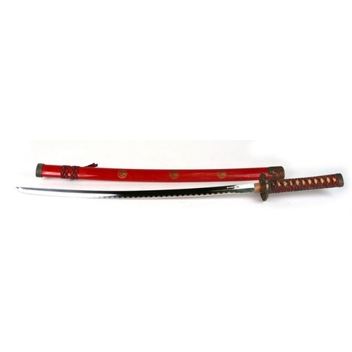 93 - A contemporary Japanese Samurai type sword with red lacquer scabbard, 102cms long.