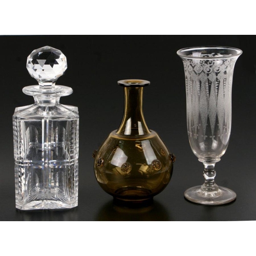 96 - A square shaped cut glass decanter and stopper, a Victorian etched glass vase and a glass carafe app... 