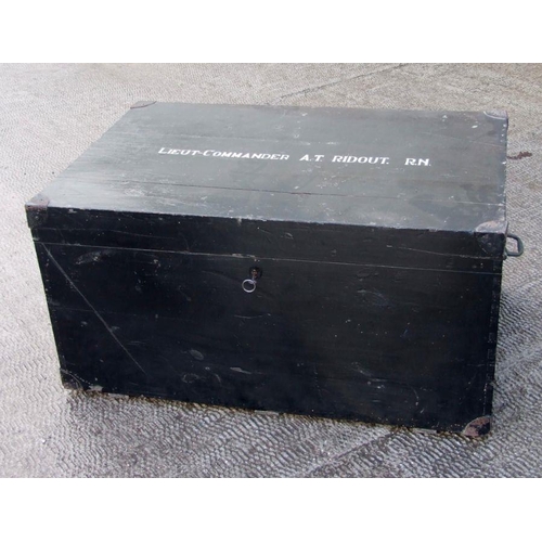 970 - A painted pine military trunk, named to 'Lieutenant Commander A T Ridout R.N.', 92cms wide.