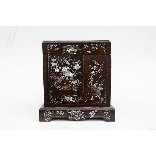 803 - A late 19th century Chinese hardwood & mother of pearl inlaid stationery box, the lift-up lid enclos... 