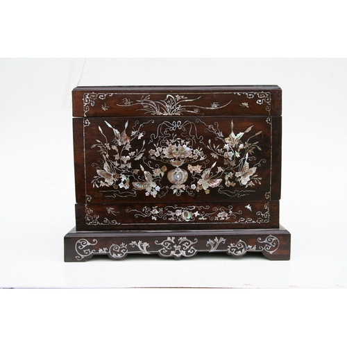 803 - A late 19th century Chinese hardwood & mother of pearl inlaid stationery box, the lift-up lid enclos... 