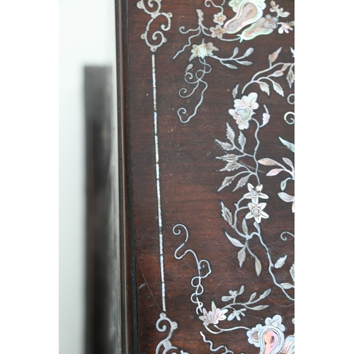 803 - A late 19th century Chinese hardwood & mother of pearl inlaid stationery box, the lift-up lid enclos... 