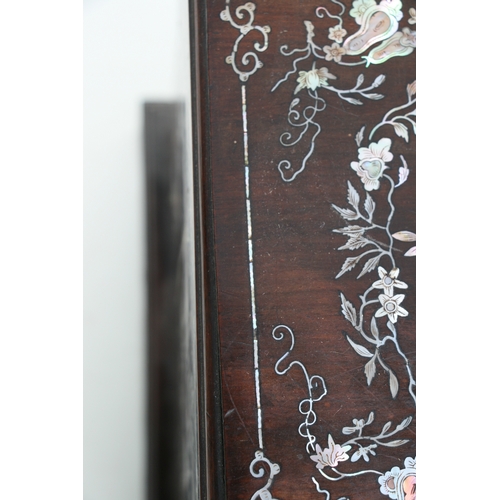 803 - A late 19th century Chinese hardwood & mother of pearl inlaid stationery box, the lift-up lid enclos... 