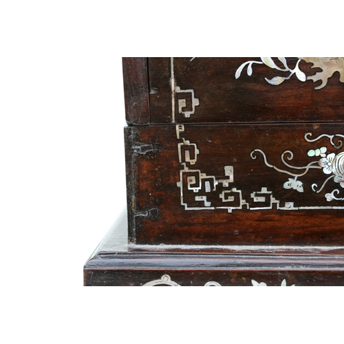 803 - A late 19th century Chinese hardwood & mother of pearl inlaid stationery box, the lift-up lid enclos... 