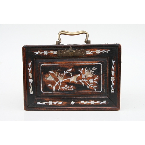 798 - A Chinese bone and bamboo Mah Jong set in a mother of pearl inlaid hardwood case, 24cms wide.