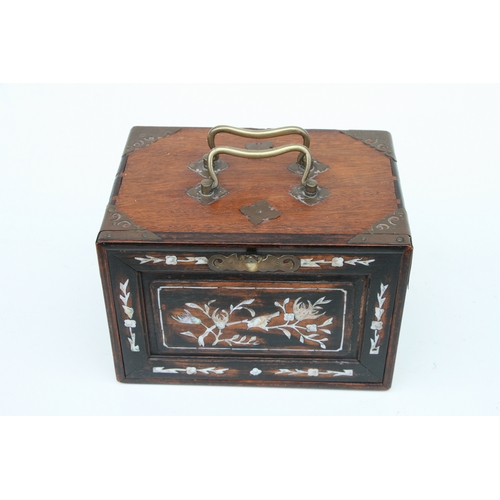 798 - A Chinese bone and bamboo Mah Jong set in a mother of pearl inlaid hardwood case, 24cms wide.