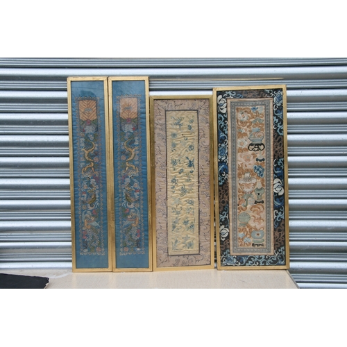 825 - A pair of Chinese silk embroidered panels depicting dragons, each 12 by 64cms; together with two sim... 