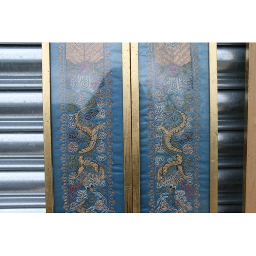 825 - A pair of Chinese silk embroidered panels depicting dragons, each 12 by 64cms; together with two sim... 