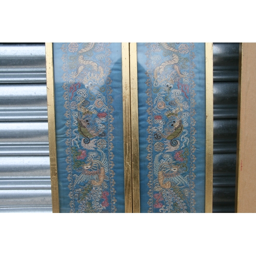 825 - A pair of Chinese silk embroidered panels depicting dragons, each 12 by 64cms; together with two sim... 