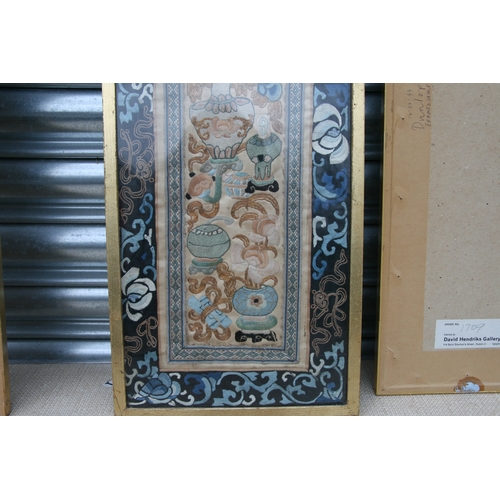 825 - A pair of Chinese silk embroidered panels depicting dragons, each 12 by 64cms; together with two sim... 