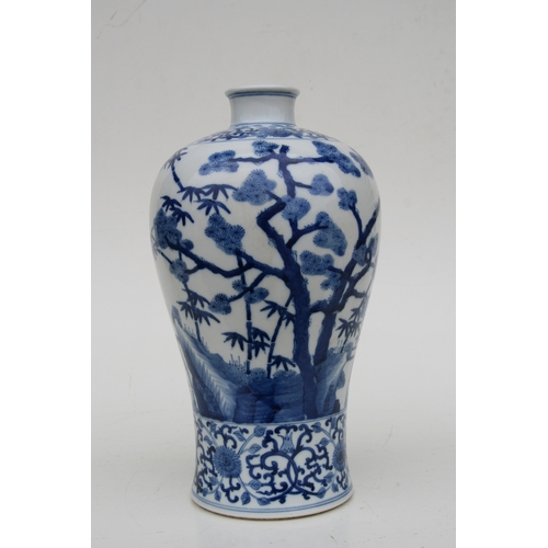 838 - A large Chinese blue & white Meiping vase decorated with flowering prunus and bamboo, 34cms high.