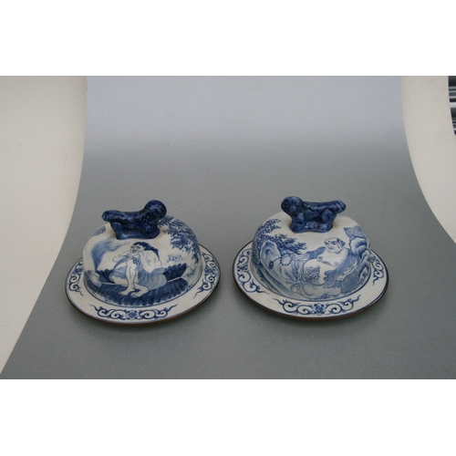 816 - A large pair of Chinese blue & white vases and covers decorated with figures and with fo dog finials... 